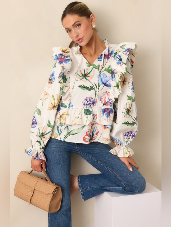 PROSPERINA Tops - PROSPERINA FAYE IVORY MULTI FLORAL PRINT COTTON RUFFLE TOP NEW